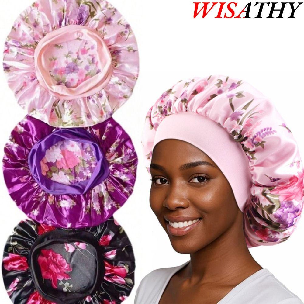 WISHY Nữ Bonnet, Váy Ngủ Lụa In Hoa, Mũ Satin Co Giãn Vành Rộng Thời Trang Làm Đẹp