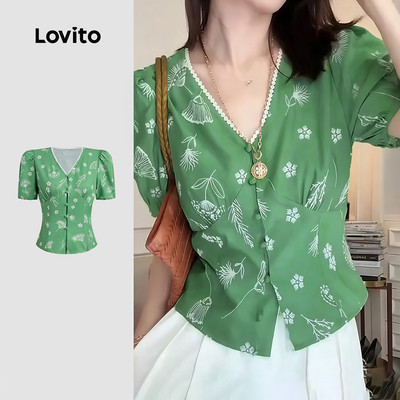 Áo Lovito phong cách thường ngày viền cổ có nút mùa xuân/hè màu xanh lá nhạt cho nữ LK4EDD644