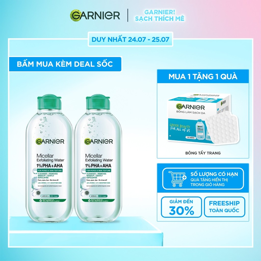 Bộ 2 nước Tẩy Trang sạch sâu & làm sạch tế bào da chết - Garnier Micellar Exfolliating Water 400mlX2