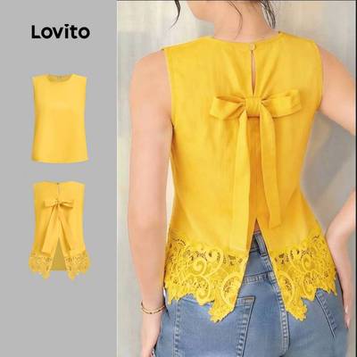 Áo nữ Lovito vàng xuân hè xếp nếp nơ lưng thanh lịch LK6ED228