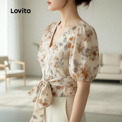 Lovito Phong cách thường ngày Áo sơ mi nữ nơ lưng phong cách xuân hè LK5ED1033