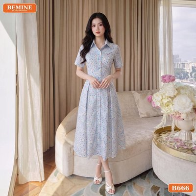 Đầm thiết kế BEMINE cổ sơ mi thêu hoa dáng dài phù hợp đi chơi-B666