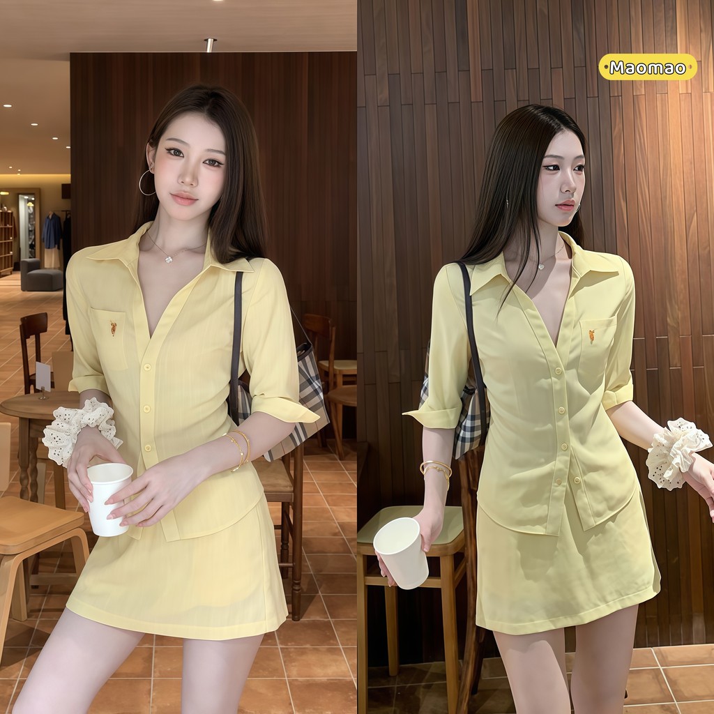 Bộ áo sơ mi váy ngắn màu vàng nhạt Maomao Vải sọc không nhăn -A2941 / A2942