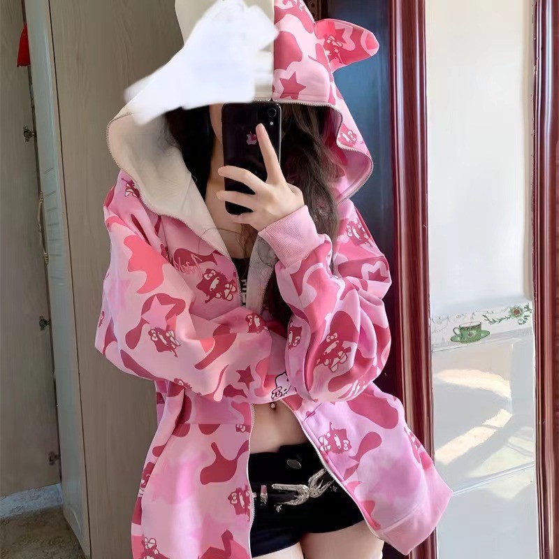 Áo Hoodie nữ Xuân / Thu Plus Size Vintage Camo Áo Hoodie dáng rộng quá khổ