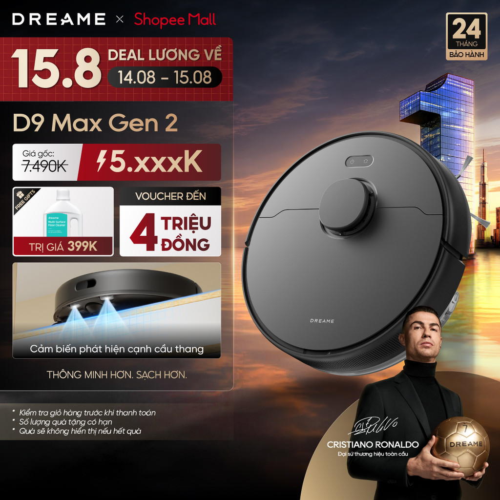 Dreame D9 Max Gen 2 - Robot Hút Bụi Lau Nhà Thông Minh, Lực Hút 6000Pa, Kích Thước 350x350x96.8mm