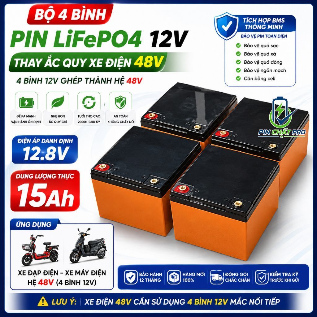 Bộ 4 Bình Pin 12V 15Ah LiFePO4 Thay Ắc Quy Xe Đạp Điện 48V, Xe Máy Điện, Có BMS Bảo Vệ, Đề Pa Mạnh