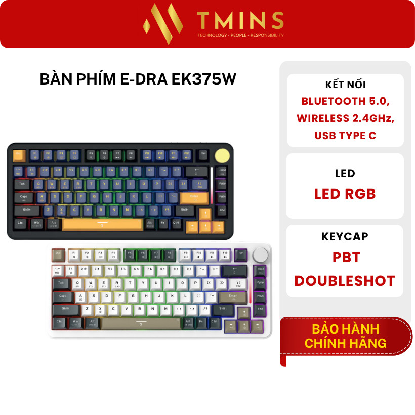 Bàn phím chơi game cơ EDRA EK375W Black/White (PBT Doubleshot/ Led RGB/ 3 mode) - Hàng chính hãng