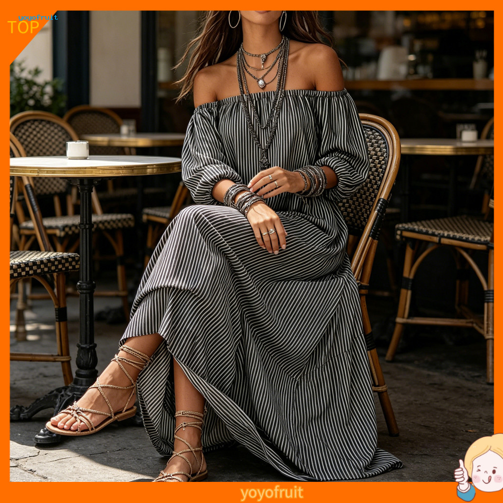 YOF Casual Váy Maxi Thanh Lịch Cực Dài Đầm Maxi Nữ Mùa Hè Ngoài Vai Đầm Maxi Tay Ngắn Sọc Dài Sundre