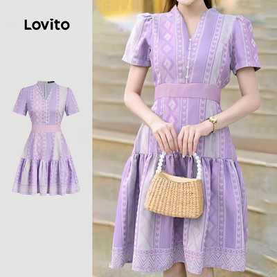 Đầm nữ Lovito tím xuân hè lai bèo xếp nếp thanh lịch phong cách dân tộc L183ED048