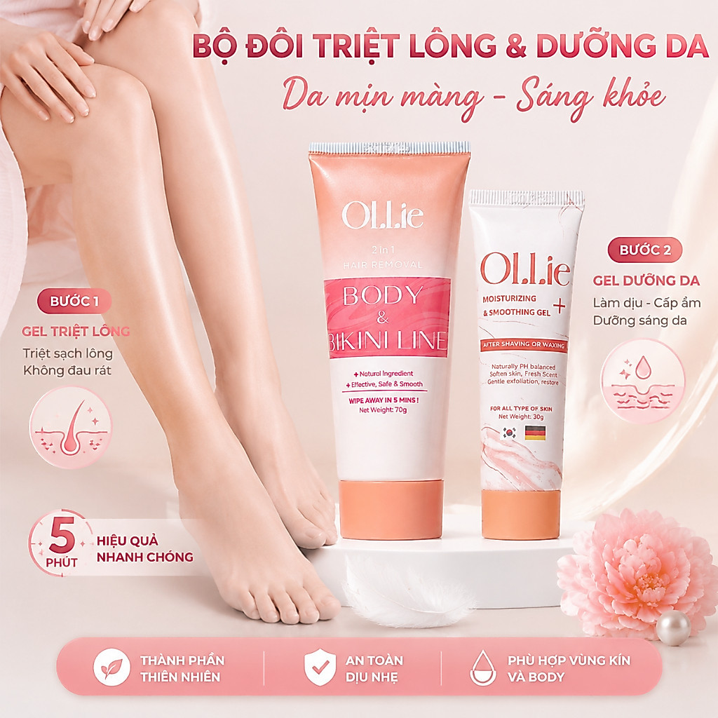 Combo kem tẩy lông Ollie + kem dưỡng da, tẩy lông vùng kín, nách, tay chân, không đau rát, an toàn, 