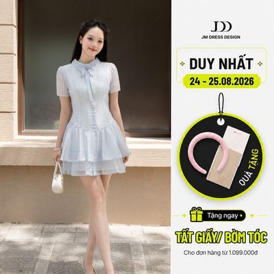 Đầm phối cổ nơ, chân nhún tầng họa tiết 1R09.2503OG, váy đầm cổ sơ mi xòe tầng bồng nữ tính thanh lịch thiết kế bởi JM