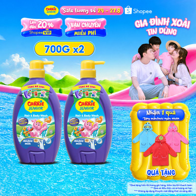Combo 2 Sữa Tắm Gội thành phần thiên nhiên Sạch Dịu Nhẹ & ẩm mịn Cho Bé Carrie Junior Hương Sữa 700g /chai