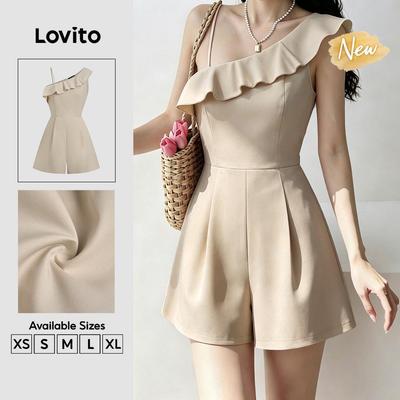 (New Arrival) Lovito Jumpsuit nữ đơn giản mùa xuân/hè tay lệch vai bèo nhún màu mơ JRK8P2D957
