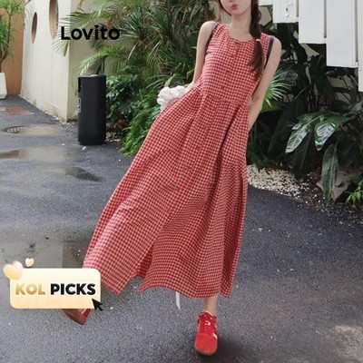 (KOL‘s pick) Lovito Phong cách thường ngày Đầm cài nút kẻ sọc màu cho nữ LNE77572