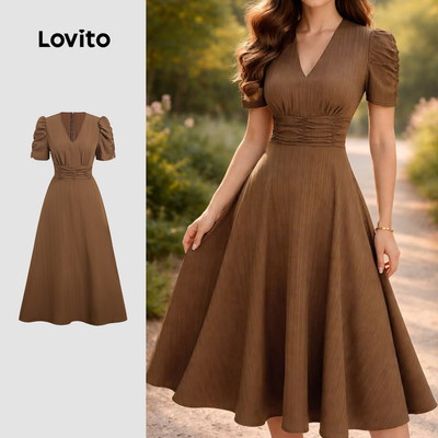 (New Arrival) Lovito Đầm nâu mùa xuân/hè khóa kéo thanh lịch cổ điển đa năng cho nữ LBL36143