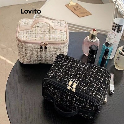 Lovito thanh lịch Túi đựng đồ trang điểm Beauty Tweed Túi đựng đồ trang điểm phong cách Hepburn dung lượng cao dành cho nữ LBT01065
