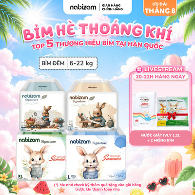 [HÀNG ĐẶT TRƯỚC] Combo 4 Bịch Tã/Bỉm Đêm NABIZAM Signature Summer Đai Chun Cao Cấp, Mỏng Mềm, Siêu Thấm Hút Size Cho Bé