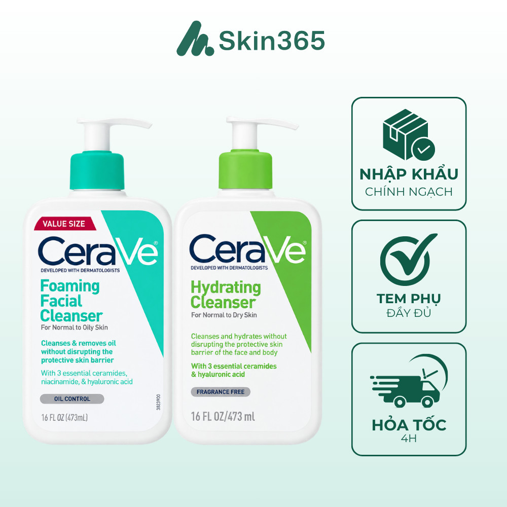 Sữa Rửa Mặt Cerave Foaming For Normal to Oily Skin/Hydrating For Normal to Dry Skin 473mL/236mL/88mL
