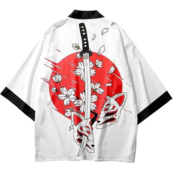 Nhật Bản Kitsune Fox ‐ Mask Haori Kimono Áo len hở trước, Áo khoác ngoài phong cách đường phố thông 