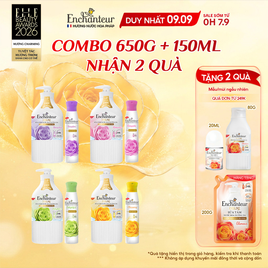 Combo Sữa Tắm Nước Hoa Dưỡng Da Enchanteur 650g + Xịt Khử Mùi Hương Nước Hoa Enchanteur 150ml