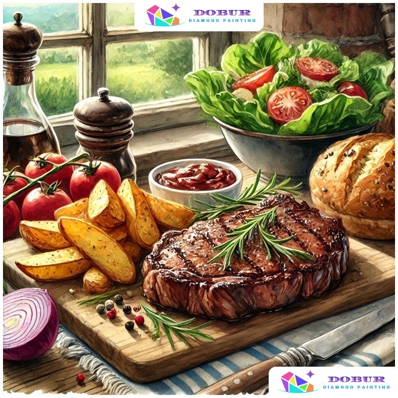 DOBURG | Bộ 1 món DIY Delicious Steak and Bread Diamond Painting Set, Đồ thủ công thủ công, Đồ trang