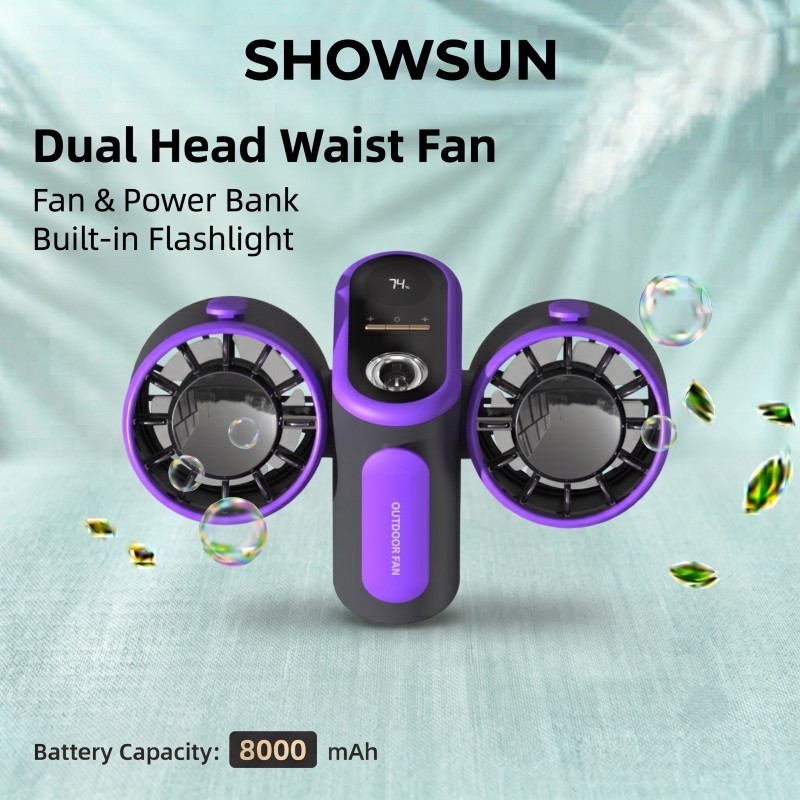 Quạt cầm tay kẹp eo hai đầu Quạt di động có đèn pin LED dự phòng 8000mAh