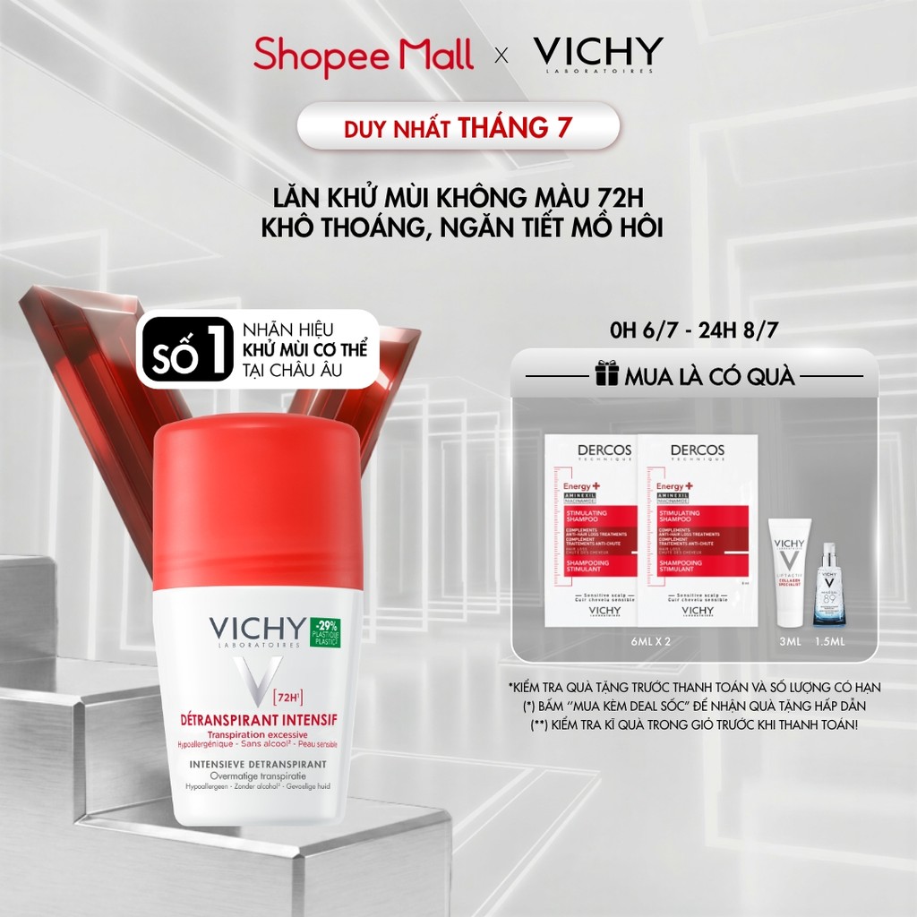 Lăn khử mùi Vichy khô thoáng, ngăn ngừa và giảm tiết mồ hôi 72H, không gây kích ứng, sạm da 50ml