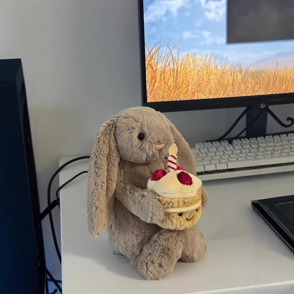 Q0PC Shy Bonnie Rabbit holding a birthday cake, birthday cake, rabbit holding peony flowers, Bonnie 