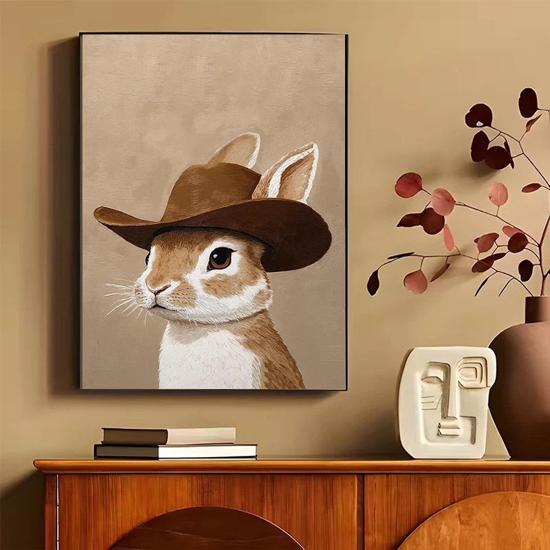 YIGF Thỏ Ngỗng Mũ Cao Bồi In Poster Mùa Xuân Nâu Phương Tây Mầm Non Nghệ Thuật Thỏ Trung Lập Bé Trai