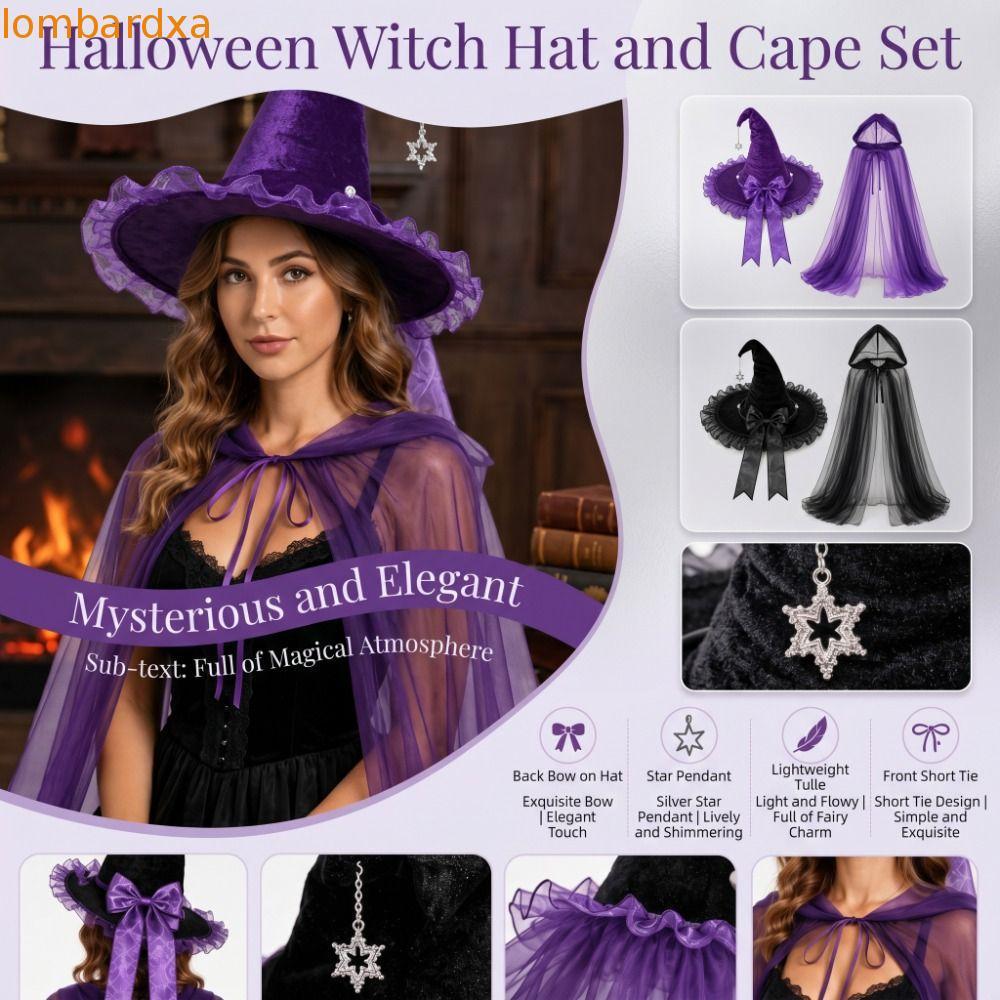 LOMBARD Halloween Mũ Phù Thủy Bộ Áo Khoác, Nhập Vai Có Mũ Lưới Mũ Phù Thủy Có Mũ Trùm Đầu Áo Khoác, 
