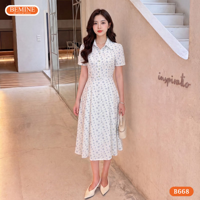 Đầm thiết kế BEMINE cổ sơ mi in hoa có cúc dáng chữ A phù hợp đi làm-B668