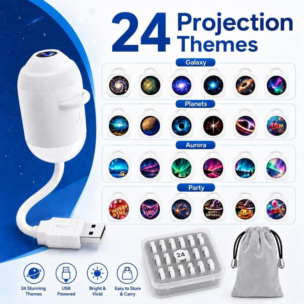 Luz Noturna Projetora de Galáxia Ajustável 2 em 1 USB, Adequada para Decoração de Quarto e Interior 