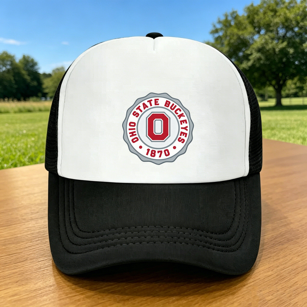 Vintage Ohio State Buckeyes EST 1870 Vòng Tròn Logo Hai Tông Lưới Trucker Mũ Có Thể Điều Chỉnh Mũ Sn