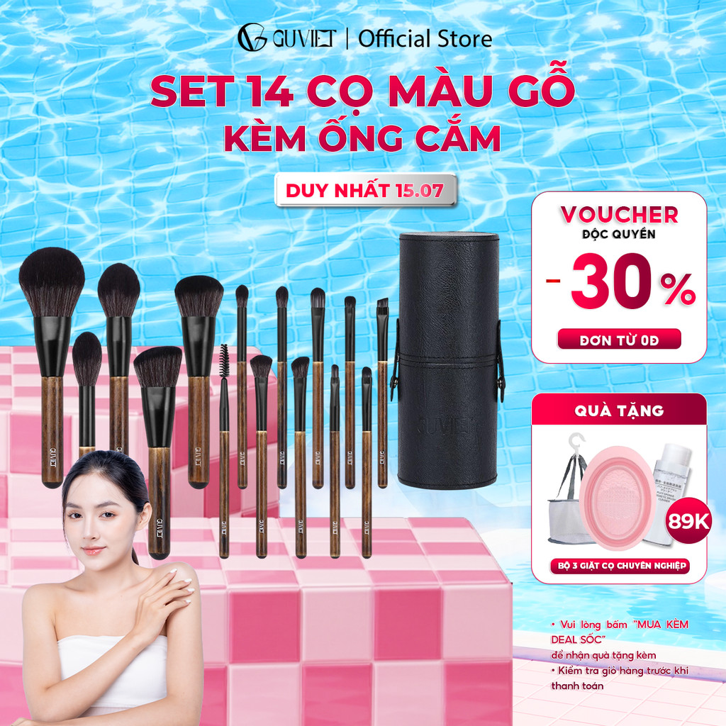Bộ cọ trang điểm cá nhân GUVIET màu gỗ gồm 14 cọ đi kèm ống cắm đen