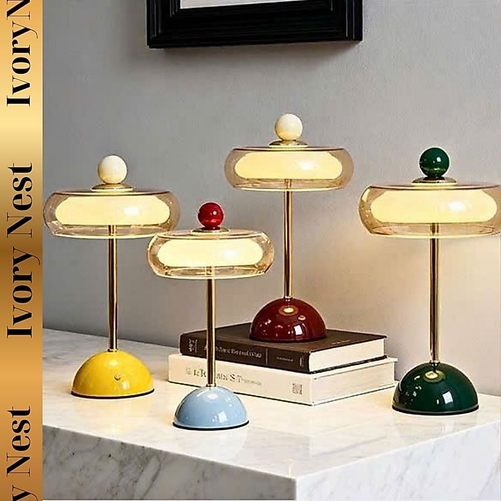 DB038 Đèn Bàn Decor Thân Kim Loại Chụp Thủy Tinh 3 Màu Sáng  Phong Cách Retro Sang Trọng.Đèn Ngủ Để 