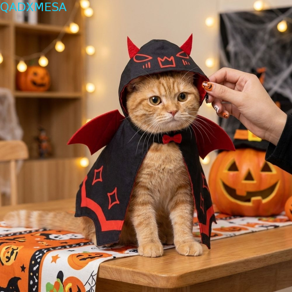 ADAMESXQB Halloween Cat Devil Bat Cloak, Áo choàng thú cưng cánh đỏ Satin đôi có thể điều chỉnh, ngộ