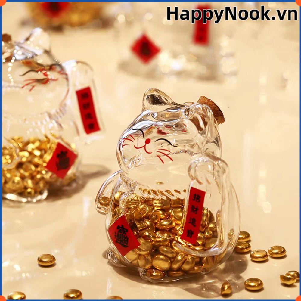 HAPPYNOOK Bình Đựng Tiền, Phim Hoạt Hình Heo Đất, Thủy Tinh Mini Mèo May Mắn Đậu Vàng Chai Bảo Quản 