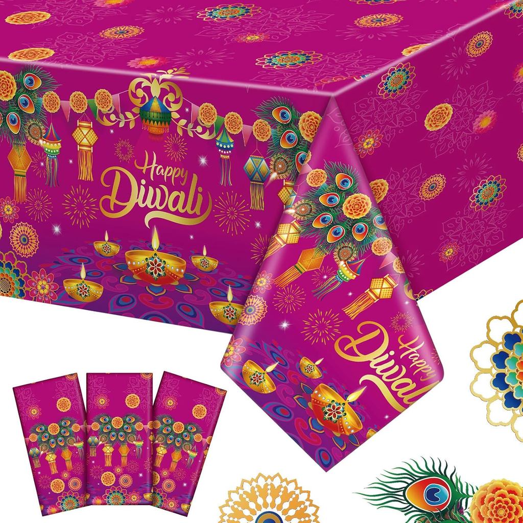 3 Chiếc Happy Diwali Khăn Trải Bàn Dùng Một Lần 54 × 108 '' Lễ Hội Đèn Tiệc Nhựa Vỏ Bàn Hình Chữ Nhậ