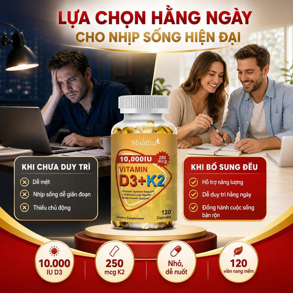 Mulittea Vitamin D3 K2 10000IU 250mcg – hỗ trợ xương, cơ, cho người ít nắng – 120v