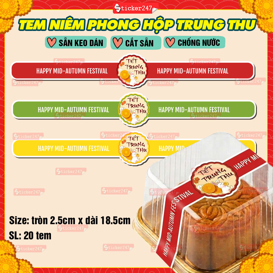 Tem Niêm Phong Hộp Bánh Trung Thu Happy Mid-Autumn Festival Hình Thỏ Ngọc Dễ Thương, Tem Dán Trang T