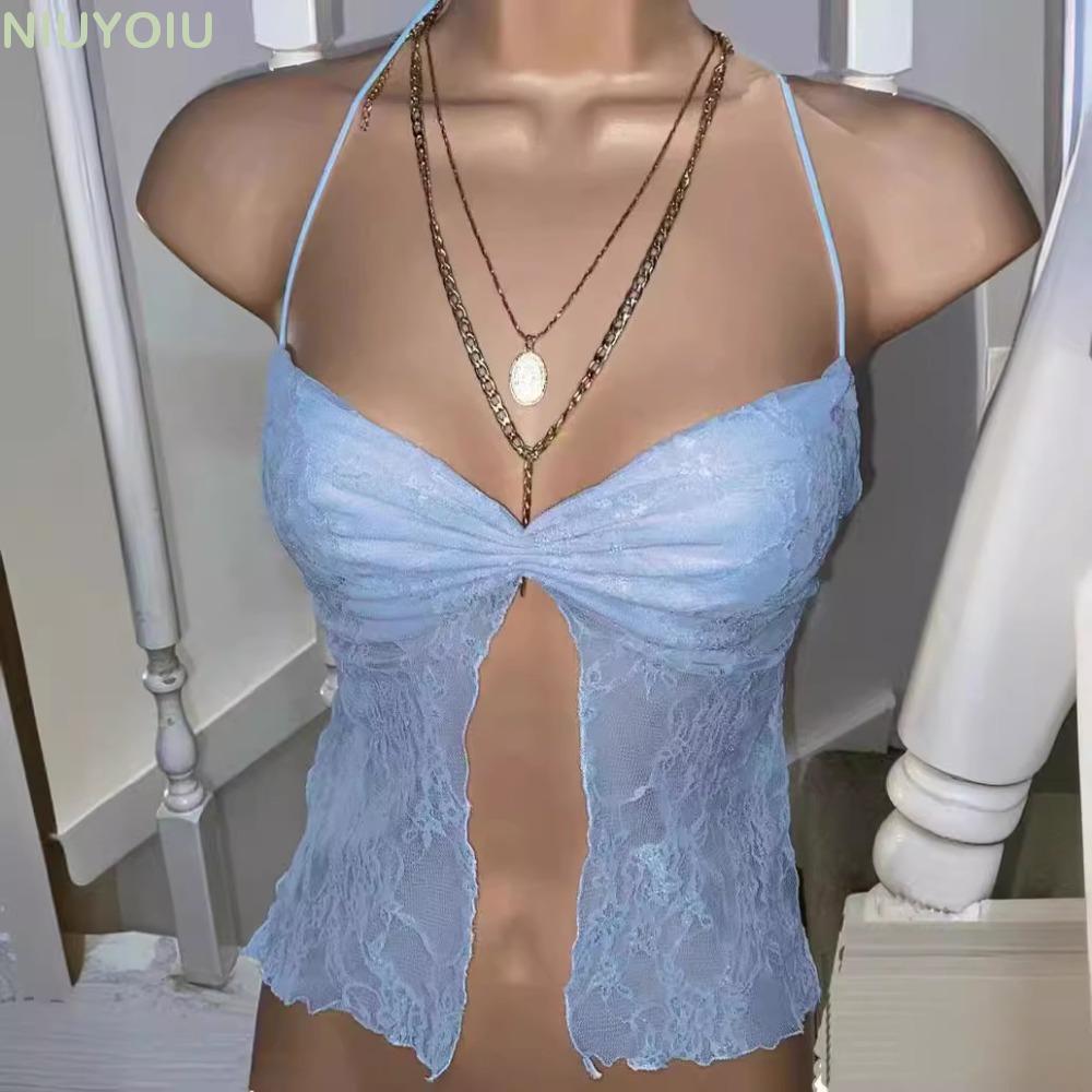 Áo Crop Top hoa NIUYOIU, Áo hai dây ren Grunge Fairycore, Dây đeo Spaghetti thời trang không tay mùa