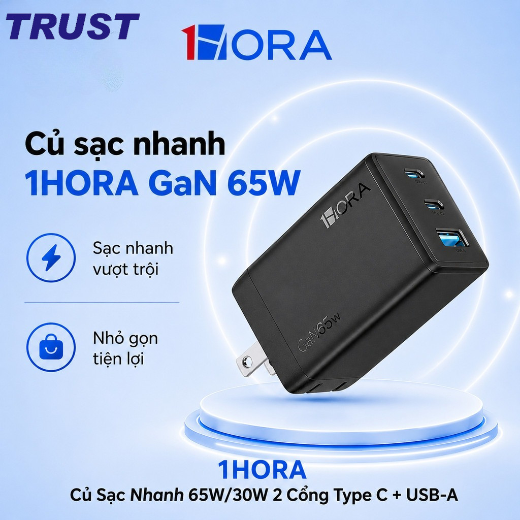 Củ Sạc Nhanh 1HORA GaN 65W/30W 2 Cổng Type C + USB-A - Sạc Nhanh - BH 12 Tháng