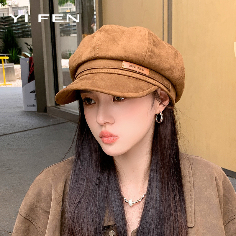 YIFEN Thu Đông Anh Ngắn Viền Retro Da Lộn Hình Bát Giác Newsboy Mũ Nữ Mặt Nhỏ Phù Hợp Retro