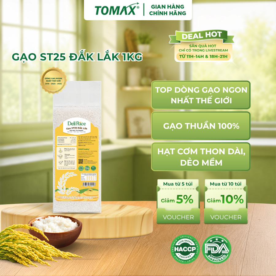 Gạo ST25 Deli Rice 1kg Dẻo Thơm Tự Nhiên, Vị Ngon Hòa Quyện - TOMAX
