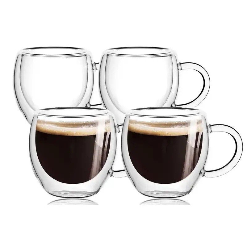 2.5oz Double Walled Espresso Coffee Cups Set of 4 with Handle,Clear Expresso Shot Cup Glasses,Tazas 