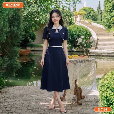 Đầm thiết kế BEMINE cổ sen phối vạt ngoài đính đá dáng dài phù hợp đi làm-B744
