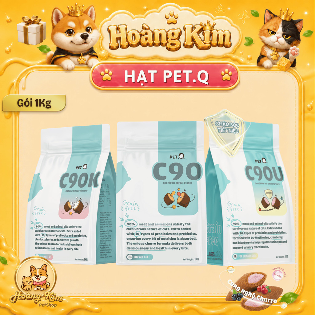 Thức ăn hạt cho mèo PetQ, Hạt C90 C90K C90U Hạt Churro 90% từ thịt & dầu động vật, Dễ tiêu hóa