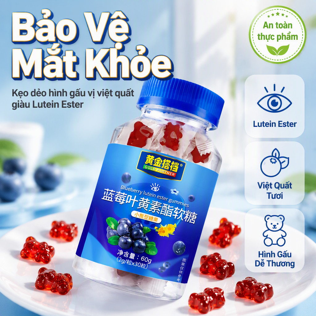Kẹo mềm Lutein Ester vị Dâu Tím Gold Bond 60g (2g/30 viên) Thiết kế Gấu Con Độc lập cho Trẻ Em Người