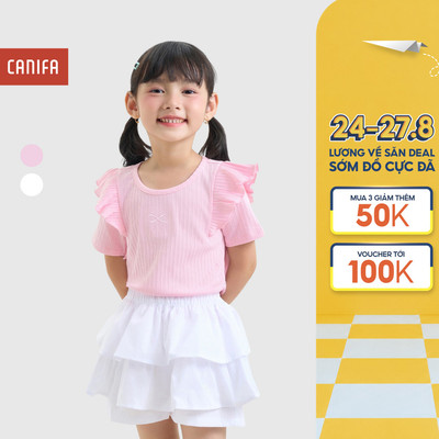 Áo phông bé gái CANIFA áo kiểu cộc tay vai phối bèo 1TS26S008