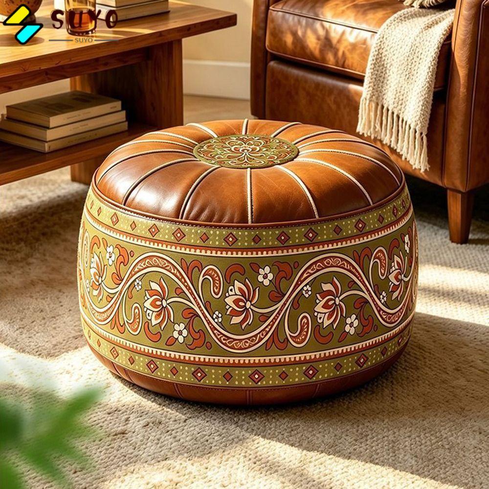 SUYO Fillable Ottoman Pouf, Hình Tròn Thêu Họa Tiết Lưu Trữ Ottoman, Phong Cách Ma-rốc Da PU Tròn Po